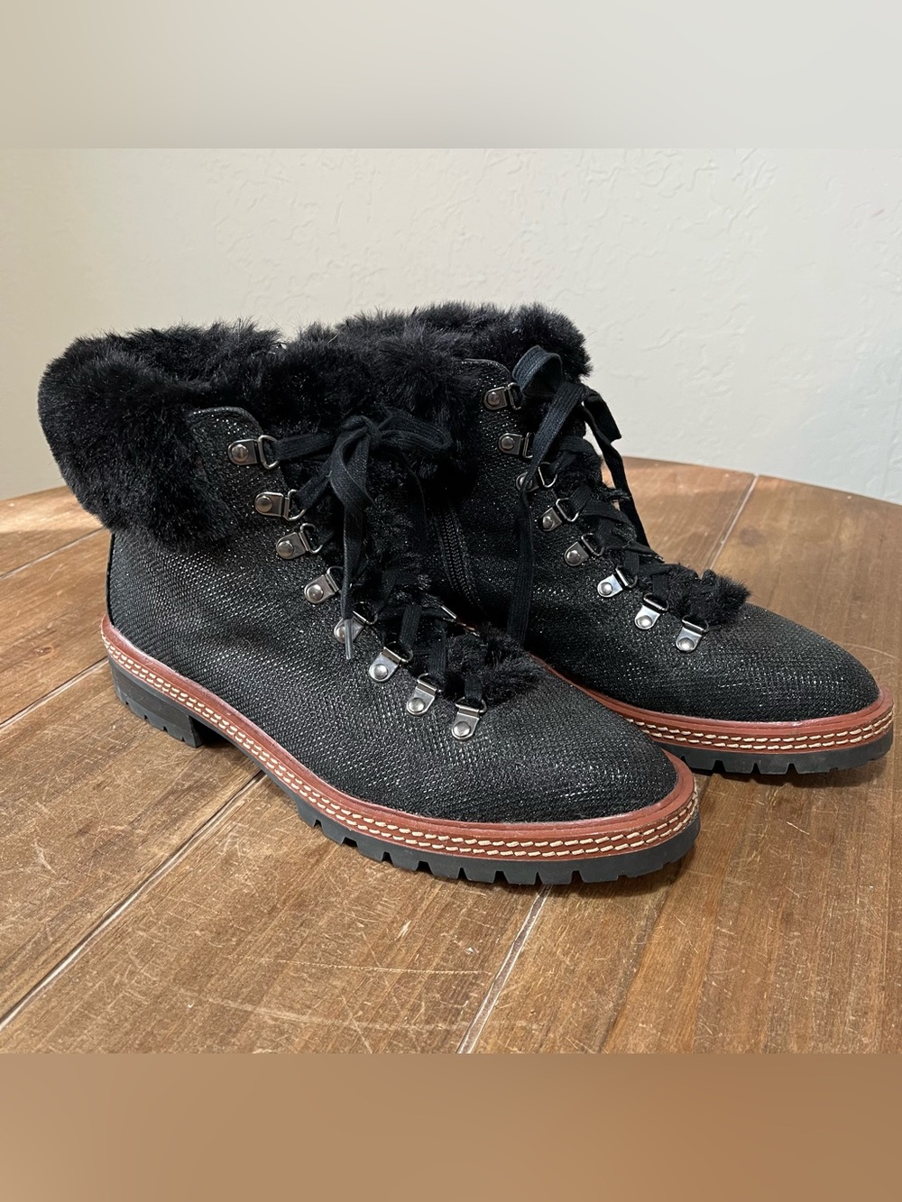 Kate Spade NY Rosalie Sparkly Black Leather Ankle Boots SZ 9.5 Faux Fur